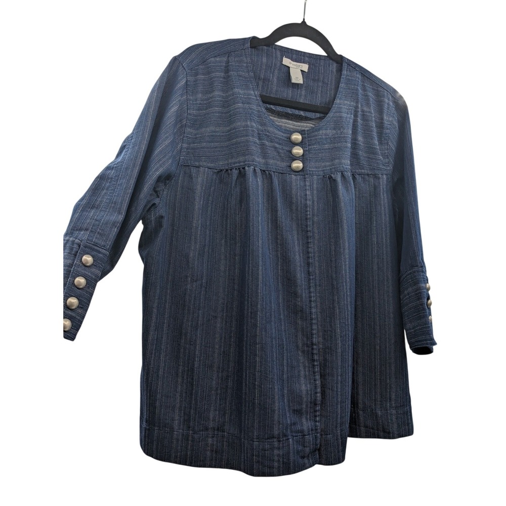 Dressbarn Woman 2010 Blue Striped Tunic Top 3X Button Cuff Cotton Rayon Blend